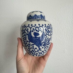 Vintage Blue and White Ceramic Ginger Jar with Phoenix Motif